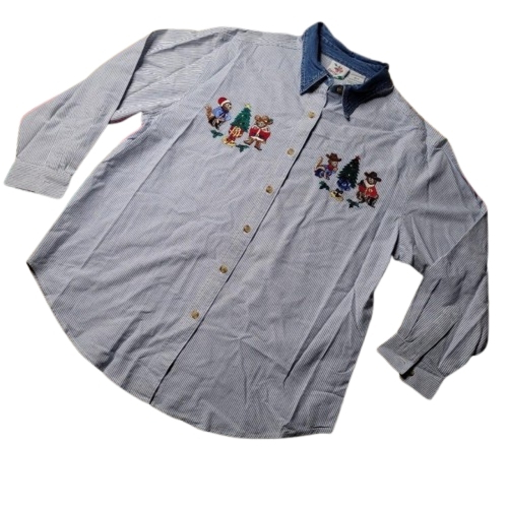 plus size Chambray Cat Christmas novelty holiday button down long sleeve shirt